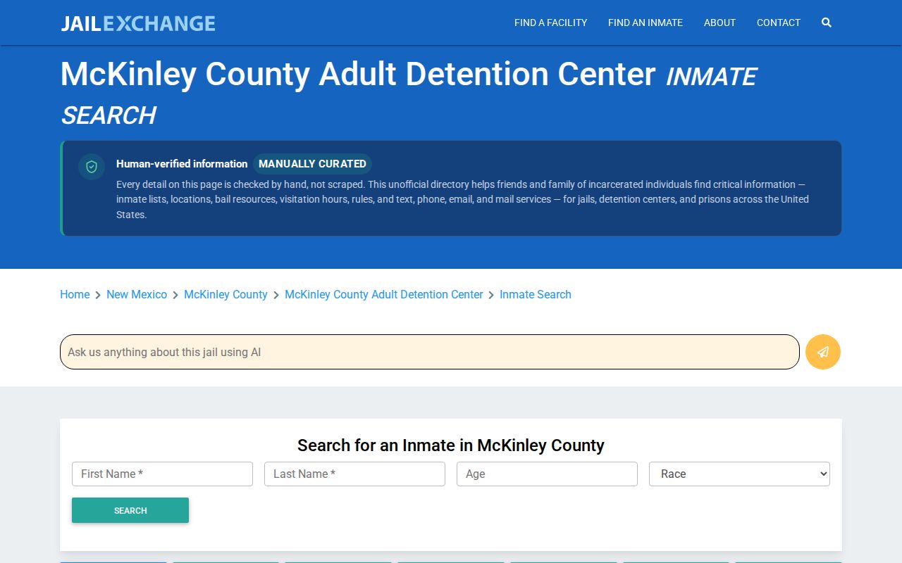 McKinley County Adult Detention Center secondary jail-guide screenshot and custody-record caution