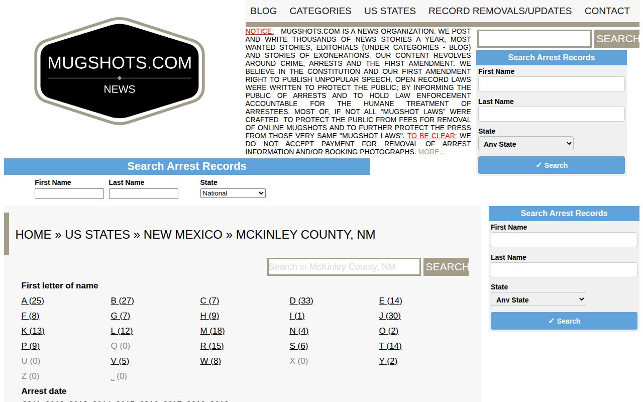 McKinley County legacy mugshot archive screenshot requiring official record verification