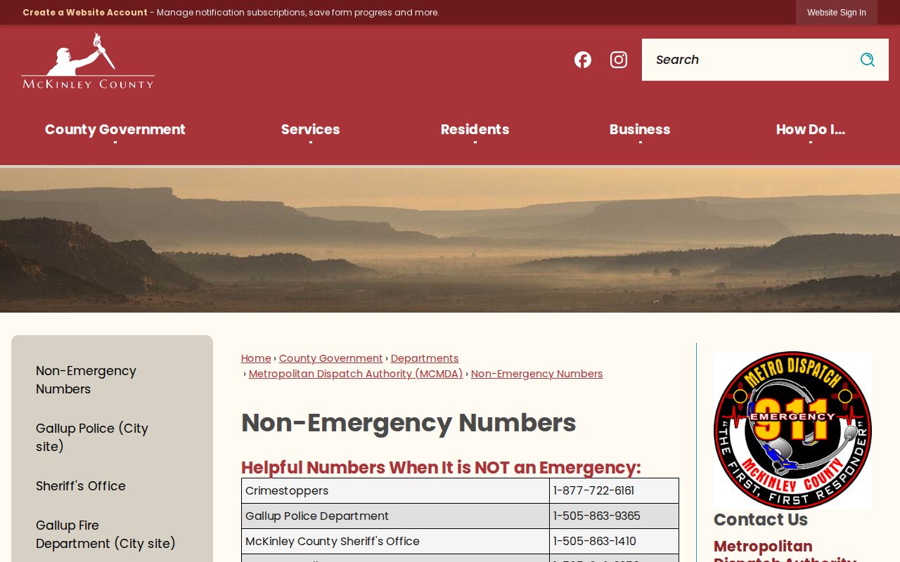 McKinley County warrant-check contacts on the official county non-emergency directory